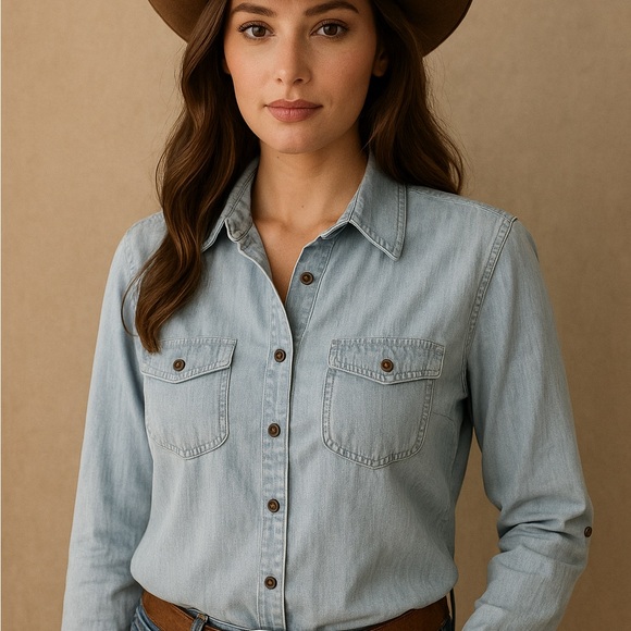Chico's Light Blue Button-Down Western style shirt.  Size 2 = 10/12 - Picture 1 of 7
